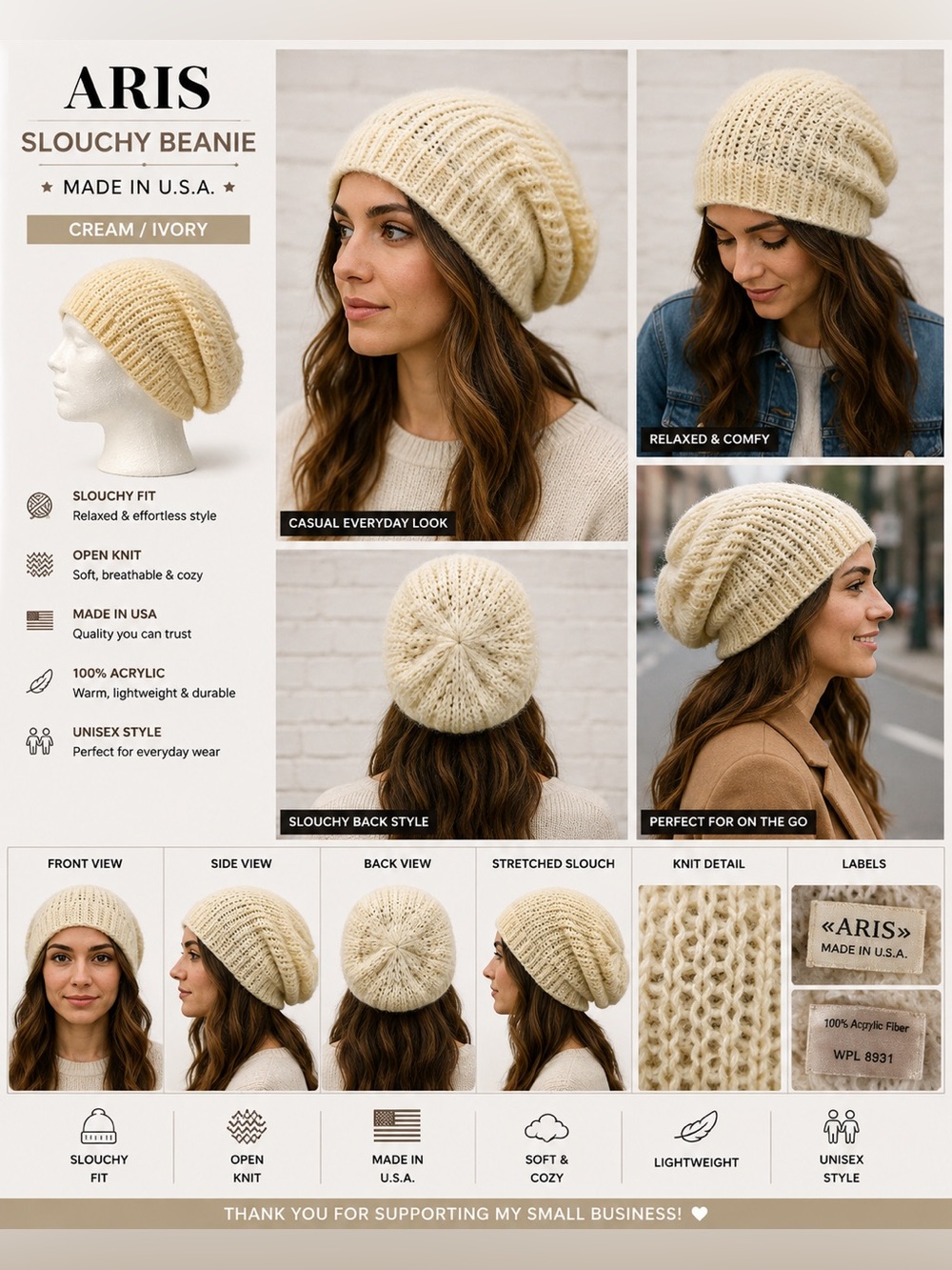 ARIS Slouchy Beanie Hat Cream Ivory Open Knit Made in USA Acrylic